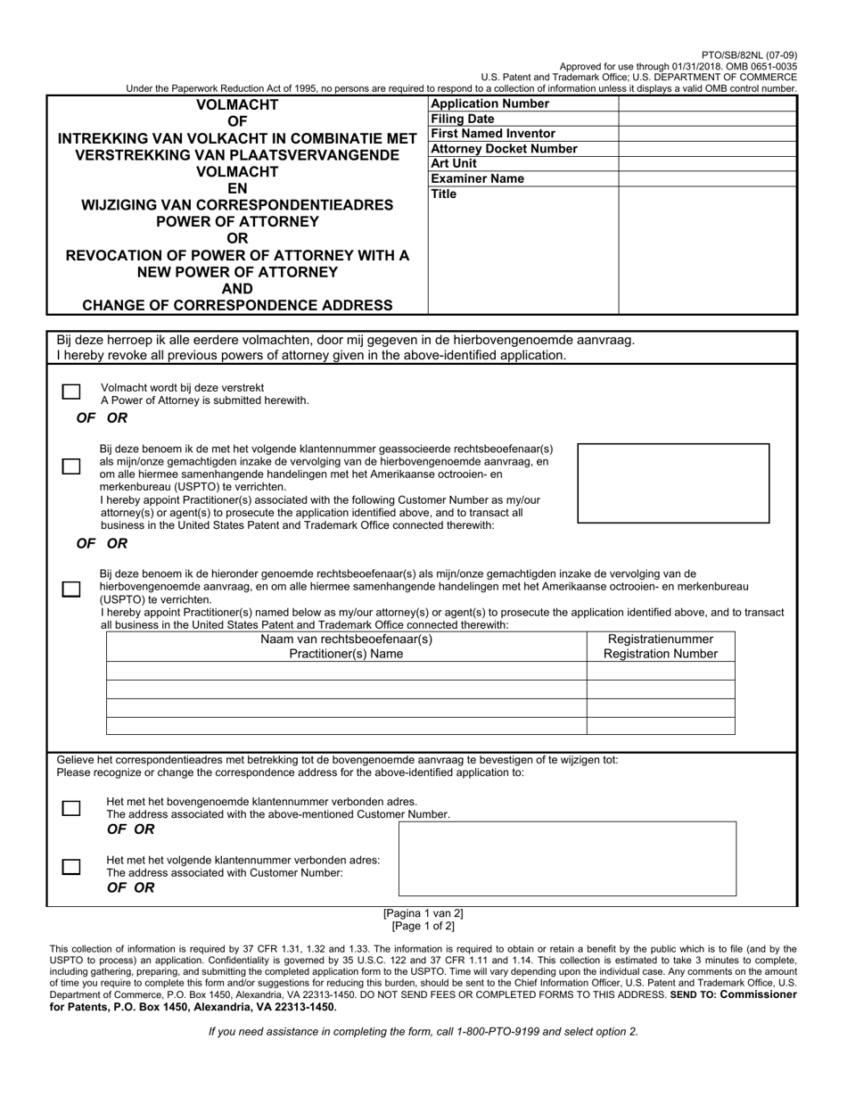 Form PTO / SB / 82NL Power of Attorney or Revocation of Power of Attorney With a New Power of Attorney and Change of Correspondence Address (English / Dutch), Page 1
