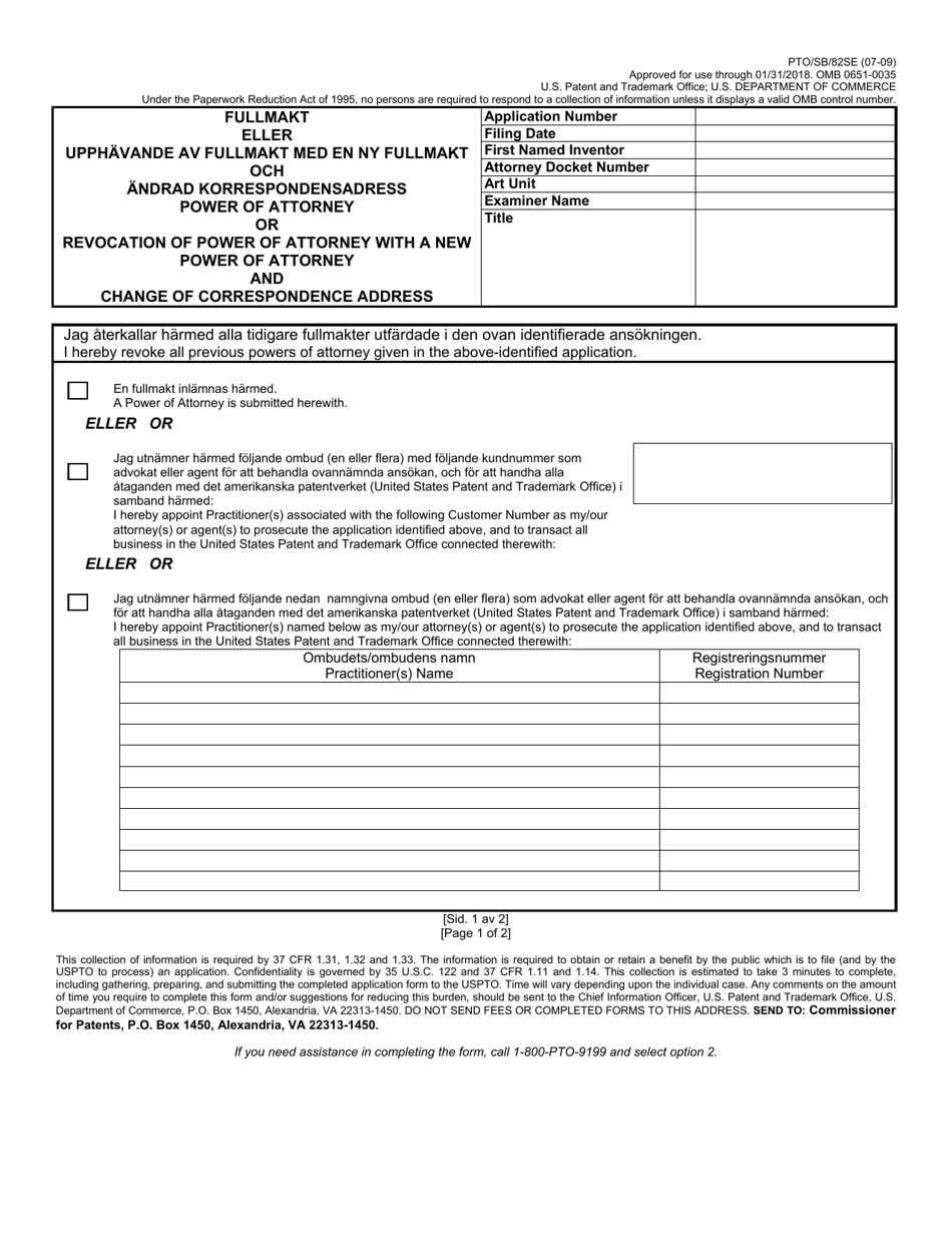Form PTO / SB / 82SE Power of Attorney or Revocation of Power of Attorney With a New Power of Attorney and Change of Correspondence Address (English / Swedish), Page 1