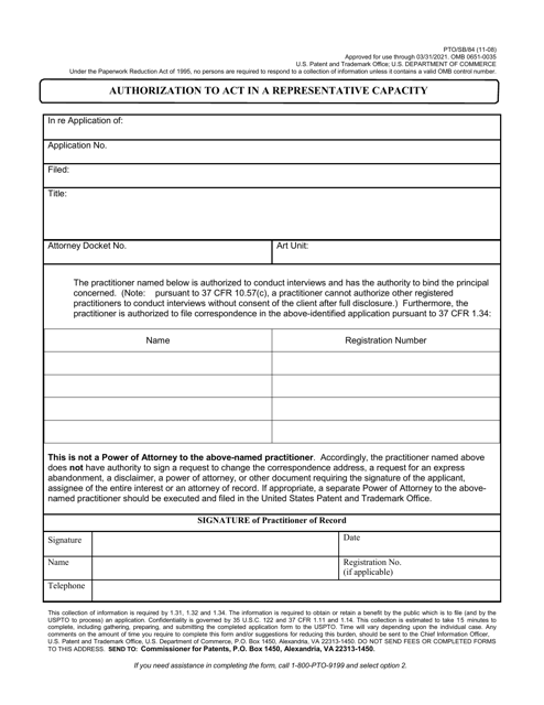 Form PTO/SB/84 Authorization to Act in a Representative Capacity