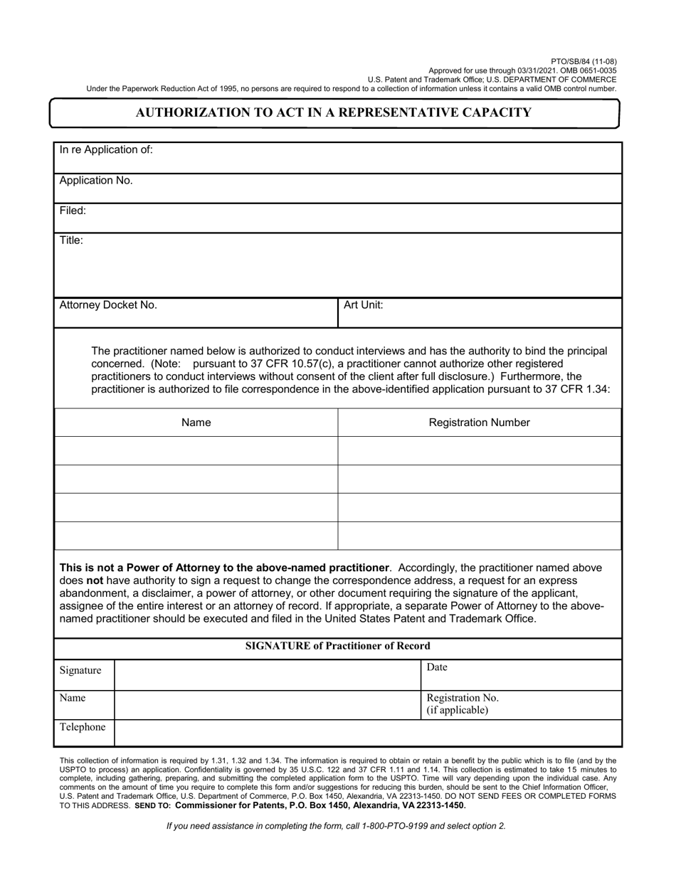 Form PTO / SB / 84 Authorization to Act in a Representative Capacity, Page 1
