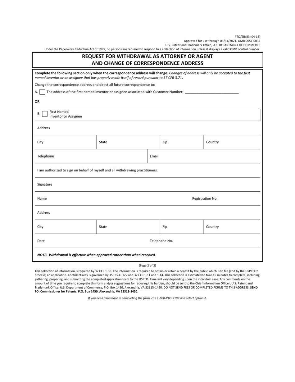 Form PTO / SB / 83 Request for Withdrawal as Attorney or Agent and Change of Correspondence Address, Page 2