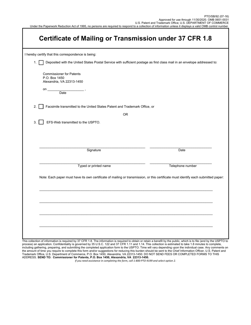 Form PTO / SB / 92 Certification of Mailing or Transmission Under 37 Cfr 1.8, Page 1