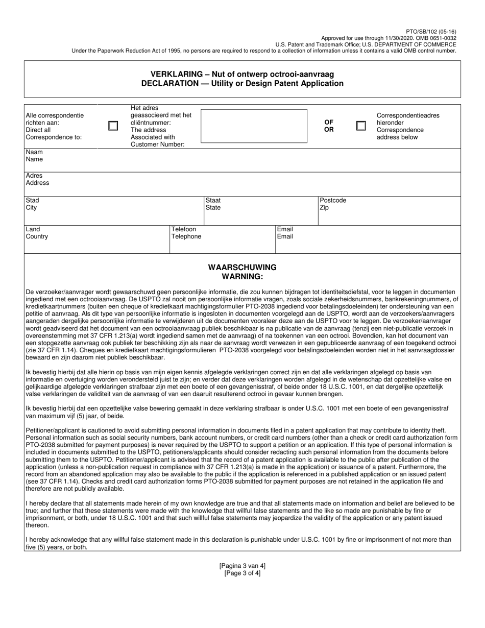 Form PTO / SB / 102 Declaration for Utility or Design Patent Application (37 Cfr 1.63) (English / Dutch), Page 3