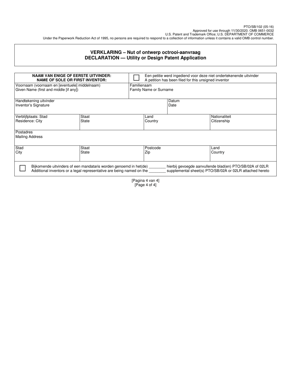 Form PTO / SB / 102 Declaration for Utility or Design Patent Application (37 Cfr 1.63) (English / Dutch), Page 4