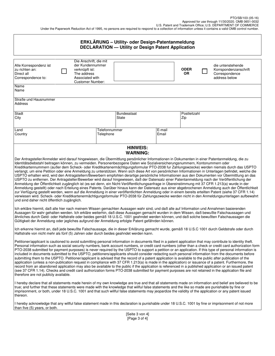 Form PTO / SB / 103 Declaration for Utility or Design Patent Application (37 Cfr 1.63) (English / German), Page 3