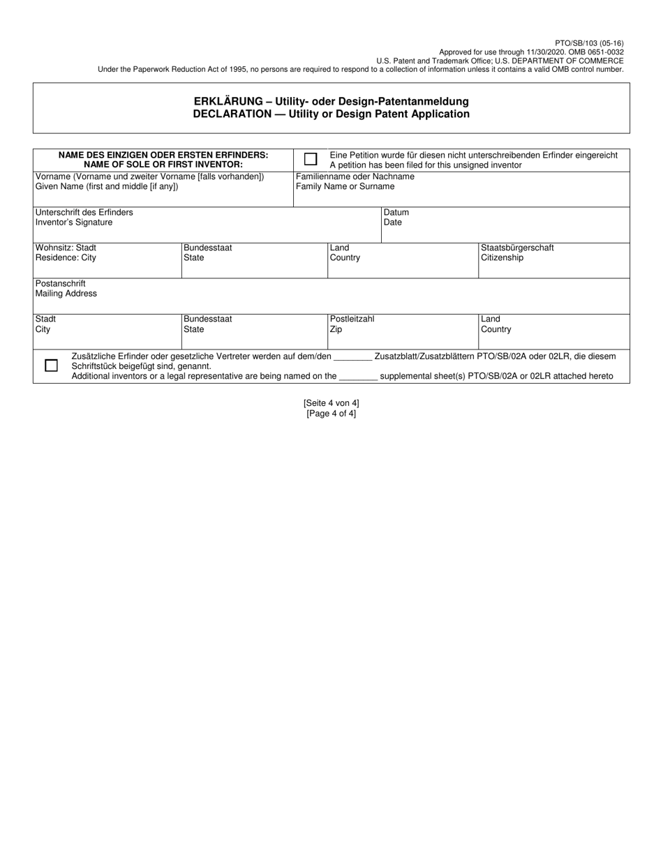 Form PTO / SB / 103 Declaration for Utility or Design Patent Application (37 Cfr 1.63) (English / German), Page 4