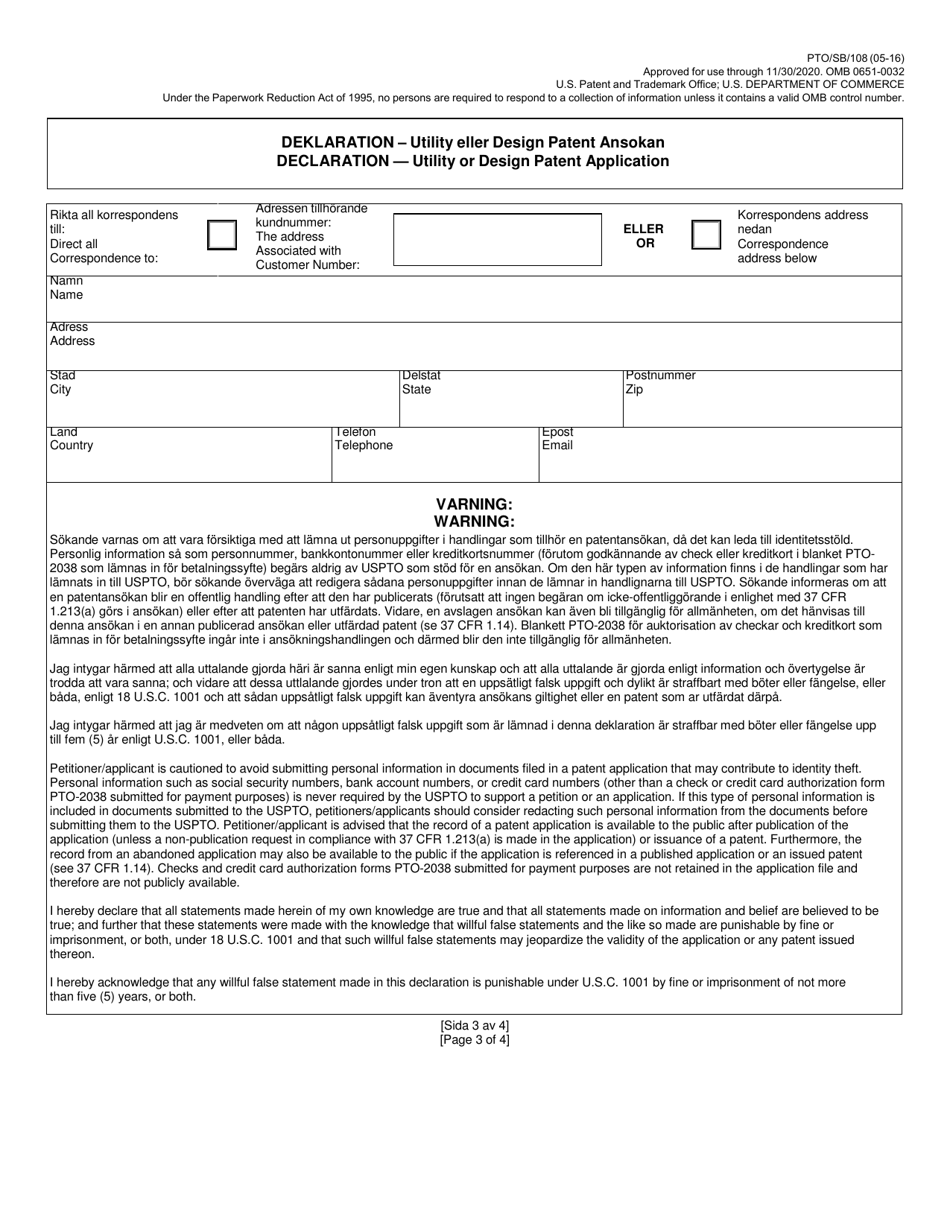 Form pto sb 108 fill out sign online and download fillable pdf