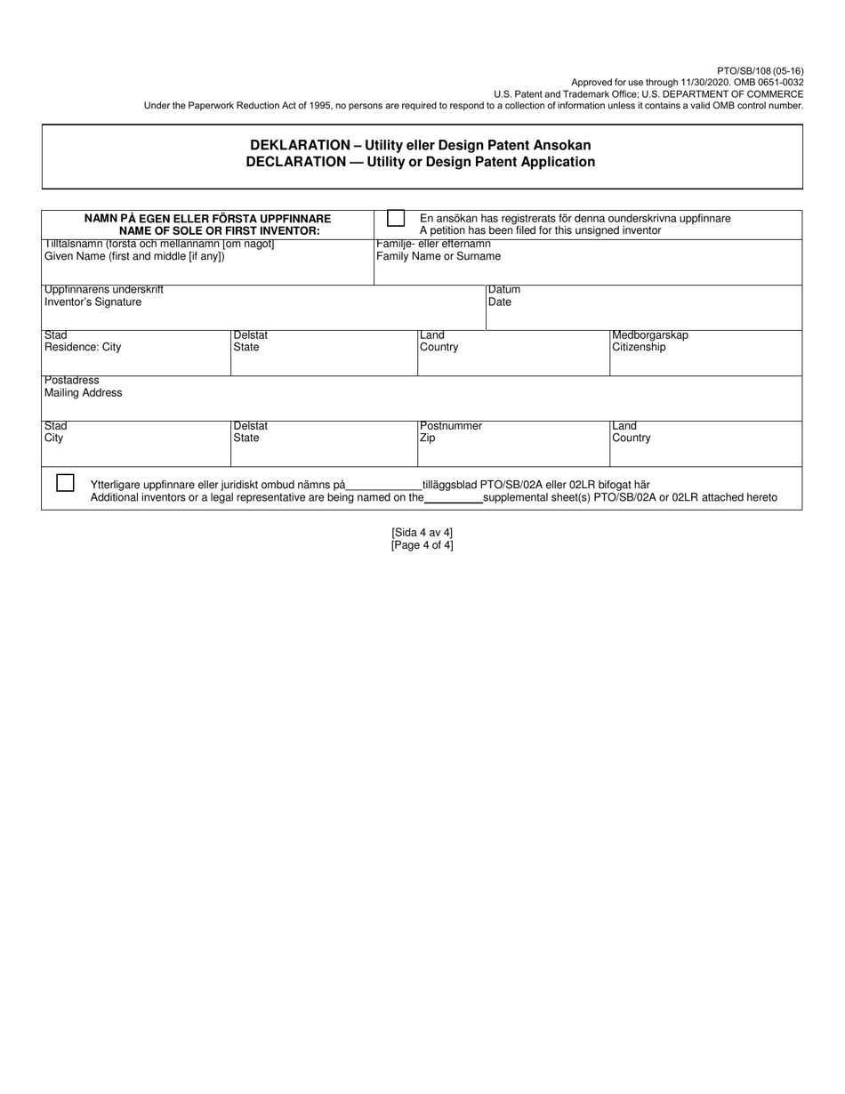 Form PTO / SB / 108 Declaration for Utility or Design Patent Application (37 Cfr 1.63) (English / Swedish), Page 4
