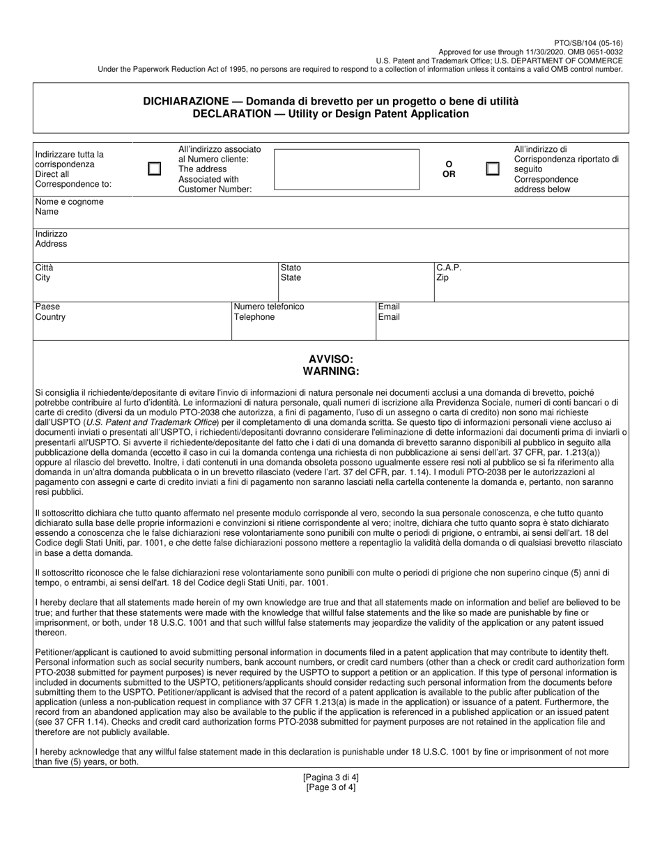 Form PTO / SB / 104 Declaration for Utility or Design Patent Application (37 Cfr 1.63) (English / Italian), Page 3