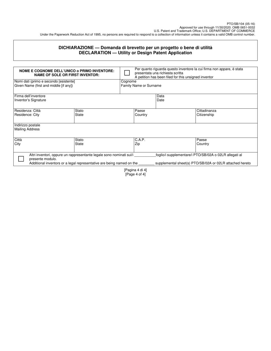 Form PTO / SB / 104 Declaration for Utility or Design Patent Application (37 Cfr 1.63) (English / Italian), Page 4