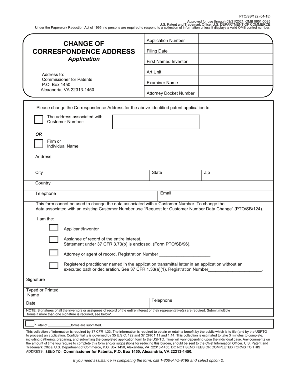 Form PTO / SB / 122 Change of Correspondence Address Application, Page 1