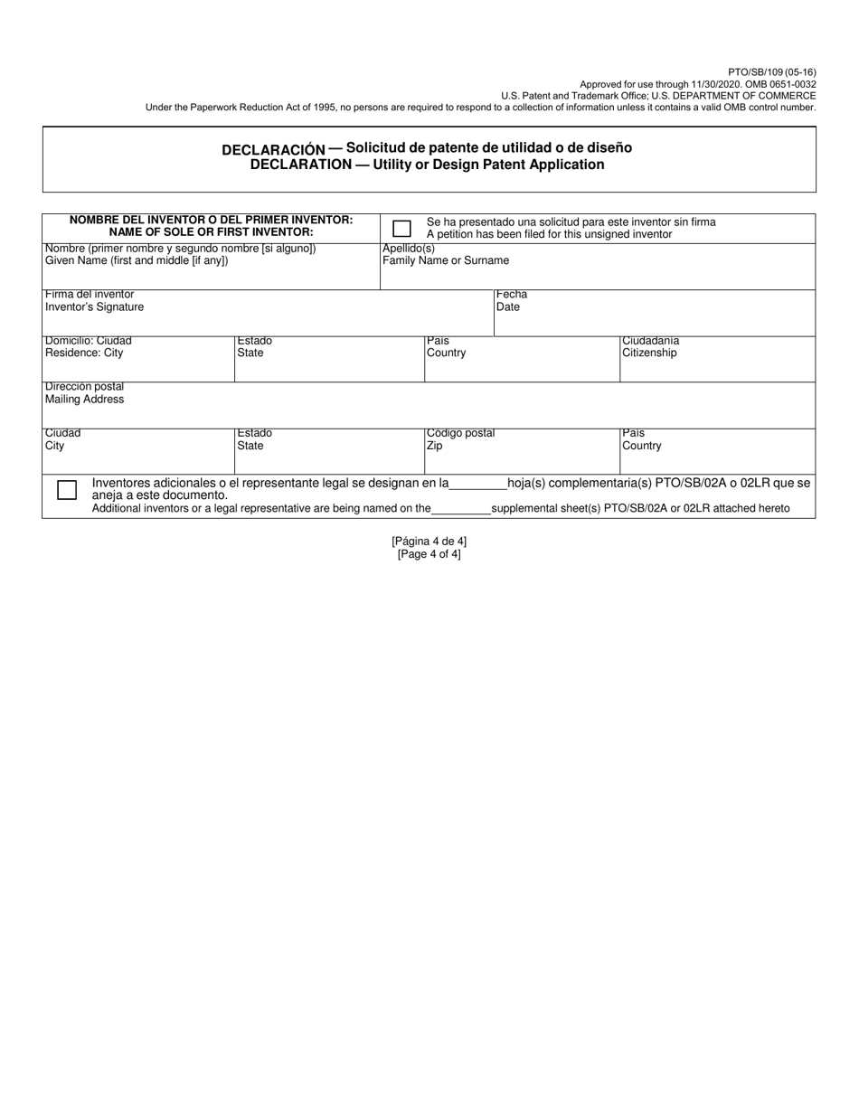 Form PTO / SB / 109 Declaration for Utility or Design Patent Application (37 Cfr 1.63) (English / Spanish), Page 4