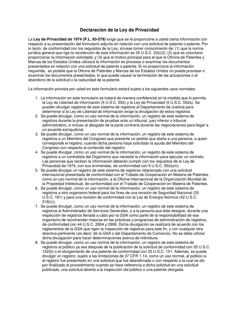 Form PTO / SB / 109 Declaration for Utility or Design Patent Application (37 Cfr 1.63) (English / Spanish), Page 5