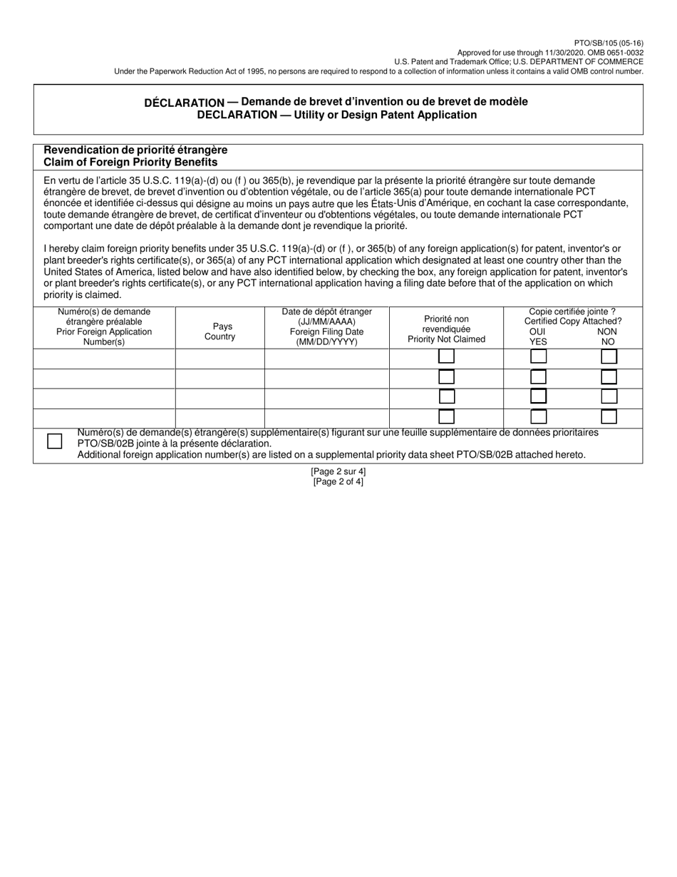 Form PTO / SB / 105 Declaration for Utility or Design Patent Application (37 Cfr 1.63) (English / French), Page 2