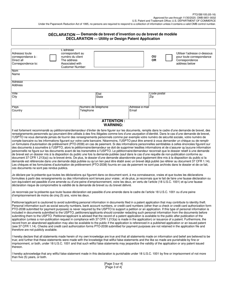Form PTO / SB / 105 Declaration for Utility or Design Patent Application (37 Cfr 1.63) (English / French), Page 3
