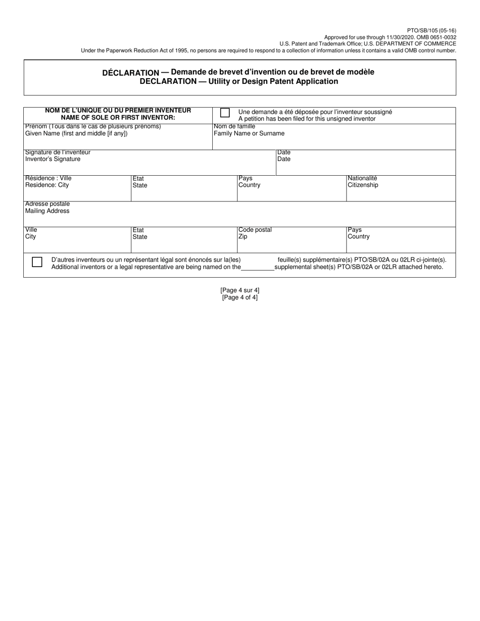 Form PTO / SB / 105 Declaration for Utility or Design Patent Application (37 Cfr 1.63) (English / French), Page 4