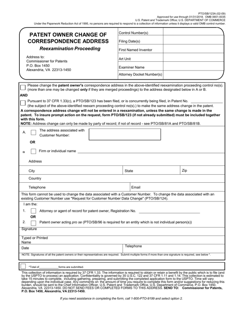 Form PTO/SB/123A Patent Owner Change of Correspondence Address - Reexamination Proceeding