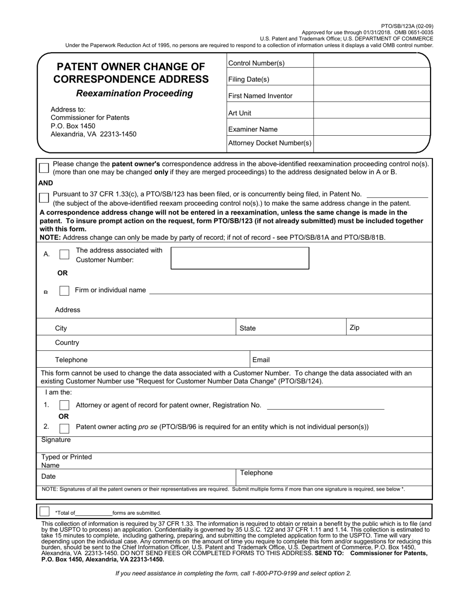 Form PTO / SB / 123A Patent Owner Change of Correspondence Address - Reexamination Proceeding, Page 1