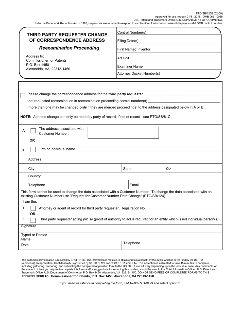 Form PTO / SB / 123B Third Party Requester Change of Correspondence Address - Reexamination Proceeding, Page 1