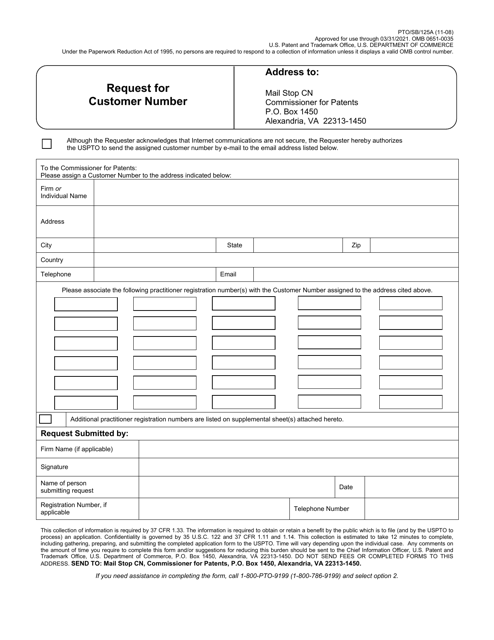 Form PTO/SB/125A Request for Customer Number