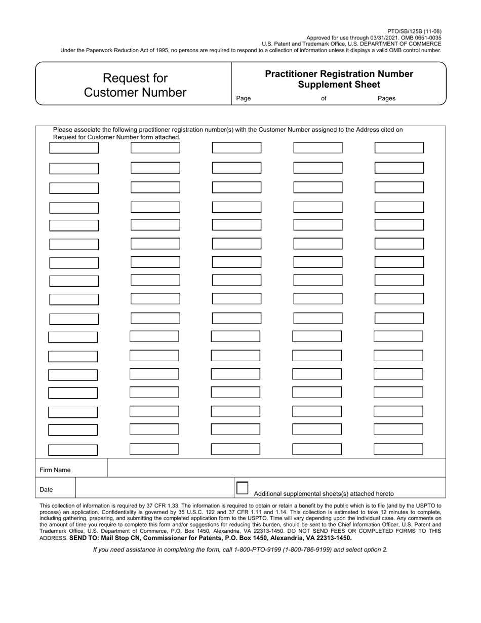 Form PTO / SB / 125A Request for Customer Number, Page 2