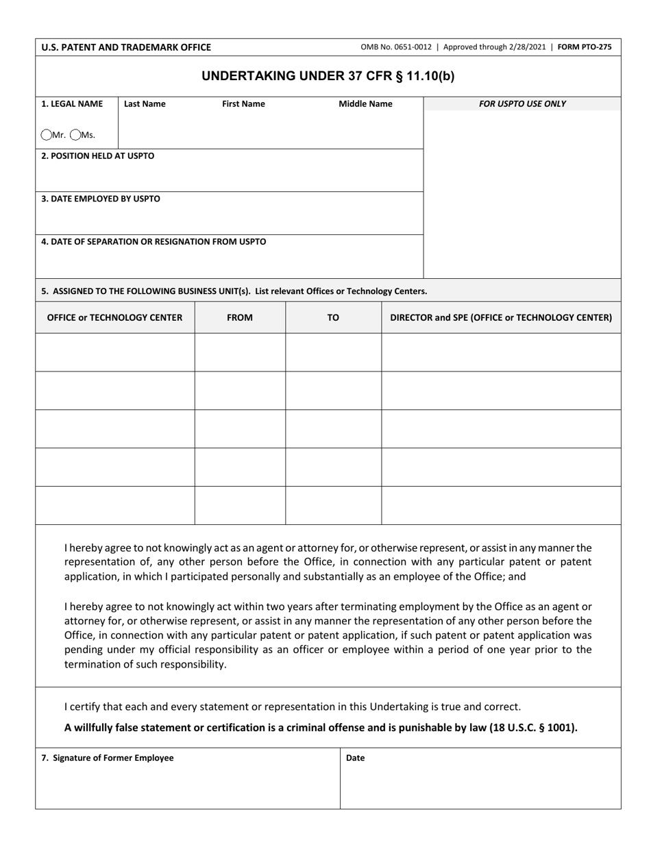 Form PTO-275 Undertaking Under 37 Cfr 11.10(B), Page 1