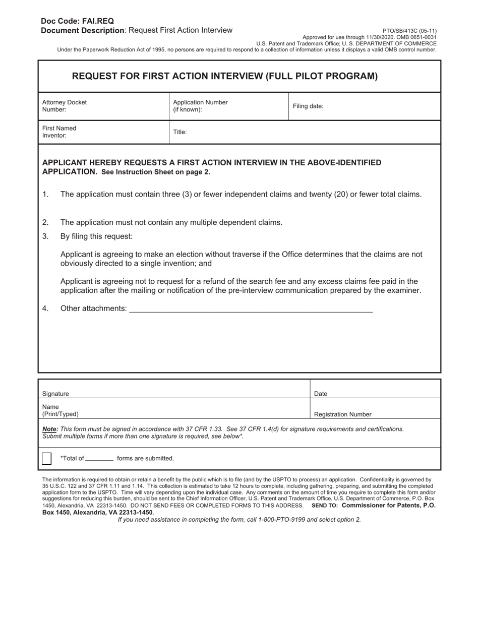 Form PTO / SB / 413C Request for First Action Interview (Full Pilot Program), Page 1