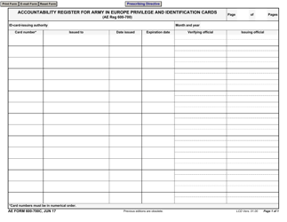 Document preview: AE Form 600-700C Accountability Register for Army in Europe Privilege and Identification Cards