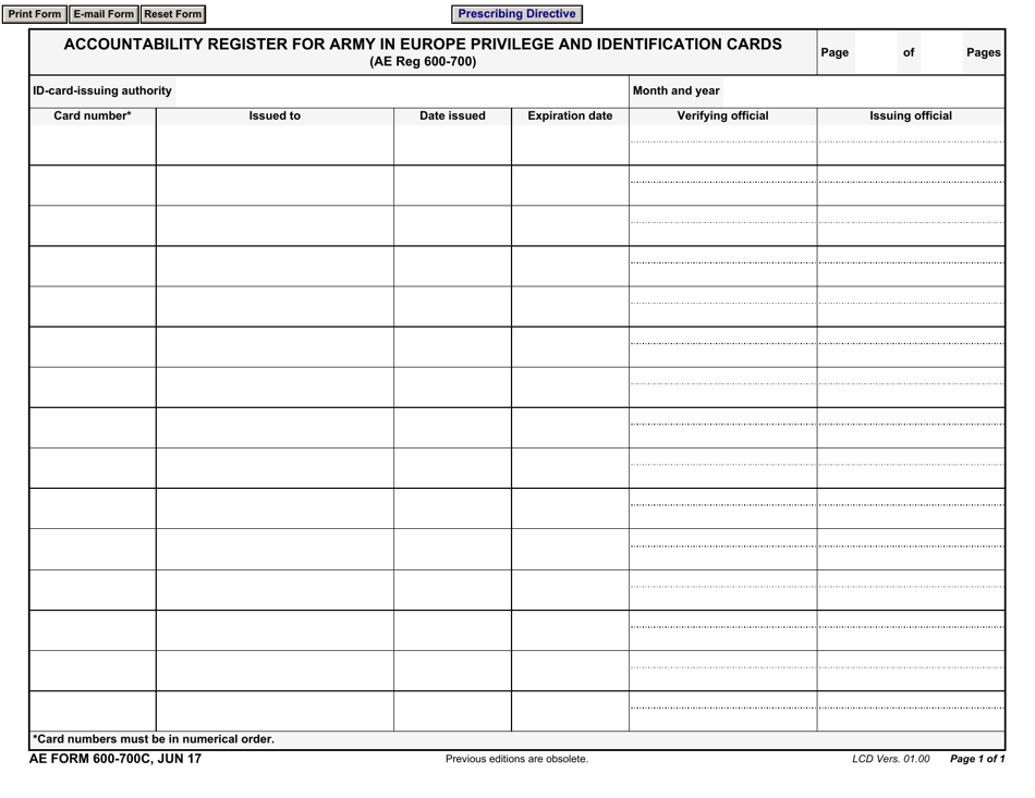 AE Form 600-700C Accountability Register for Army in Europe Privilege and Identification Cards, Page 1