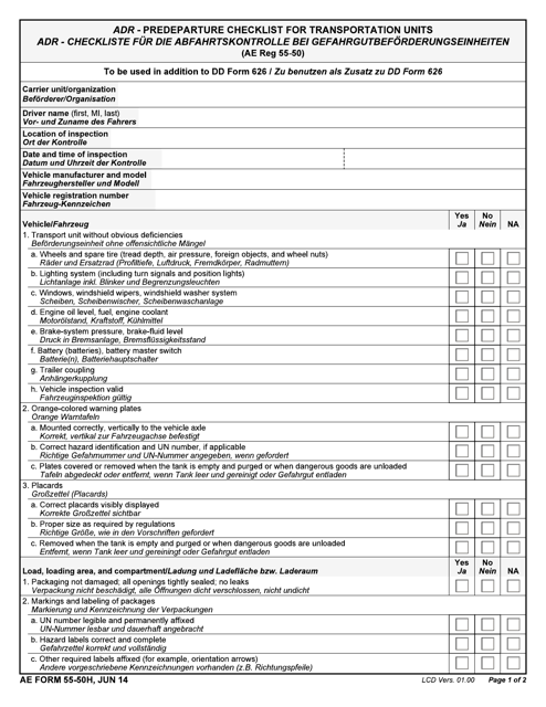 AE Form 55-50H Adr - Predeparture Checklist for Transportation Units/Adr (English/German)
