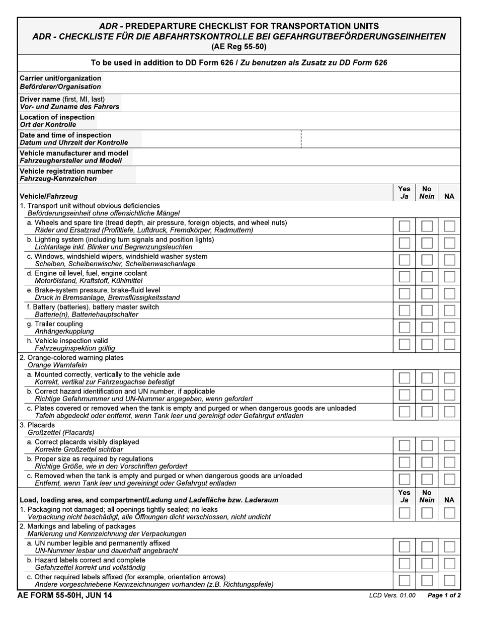 AE Form 55-50H Adr - Predeparture Checklist for Transportation Units / Adr (English / German), Page 1
