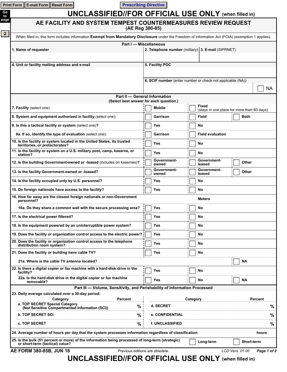 AE Form 380-85B AE Facility and System Tempest Countermeasures Review Request, Page 1