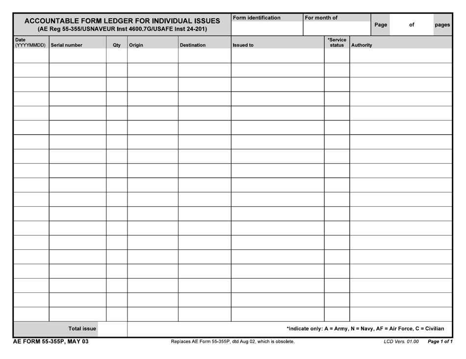 AE Form 55-355P Accountable Form Ledger for Individual Issues, Page 1