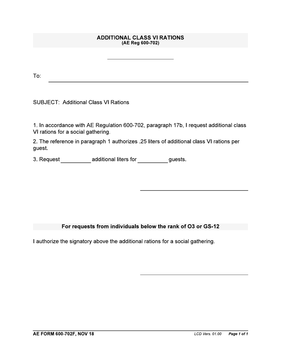 AE Form 600-702F Additional Class VI Rations, Page 1