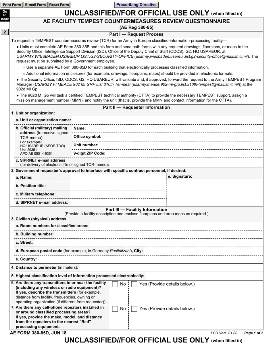AE Form 380-85D AE Facility Tempest Countermeasures Review Questionnaire, Page 1
