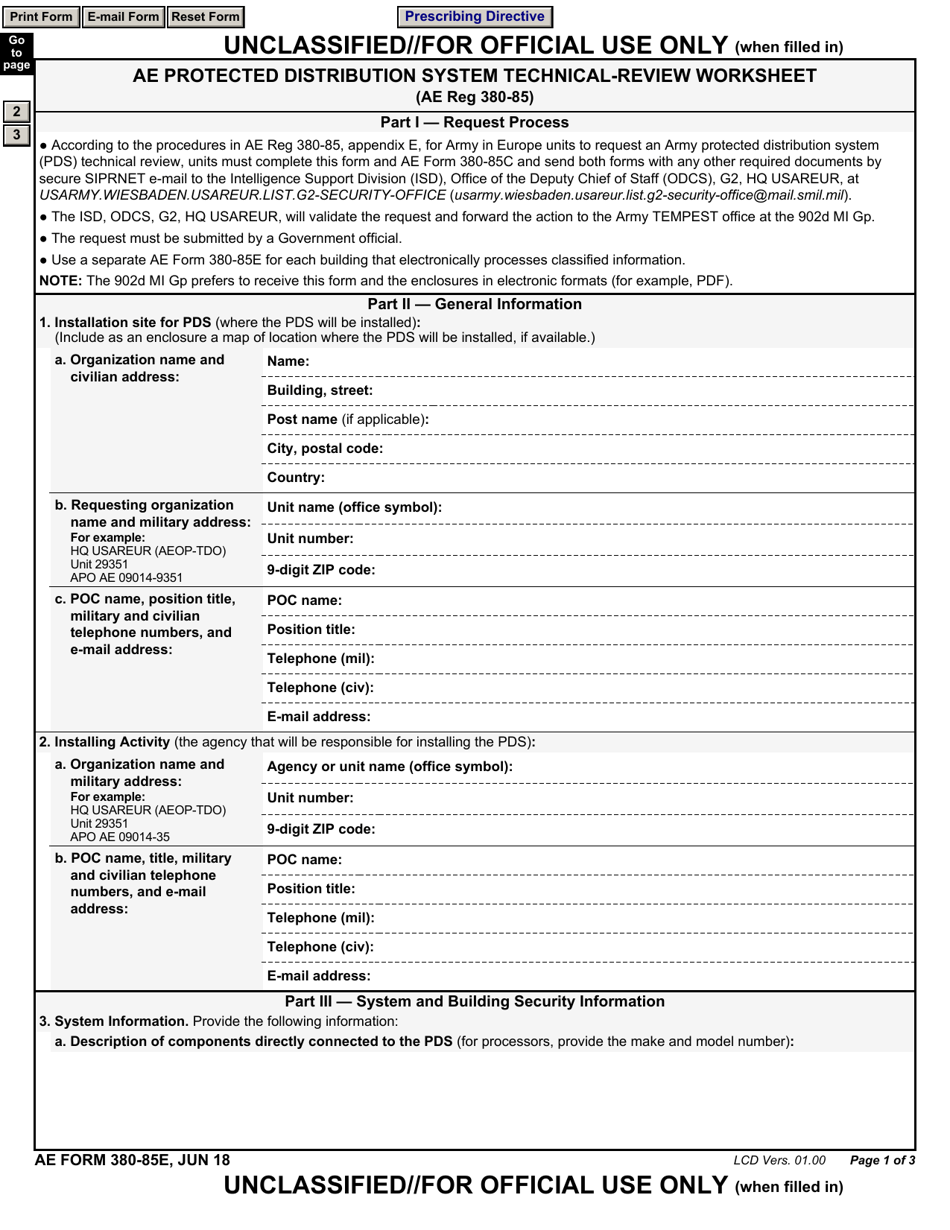 AE Form 380-85E AE Protected Distribution System Technical-Review Worksheet, Page 1