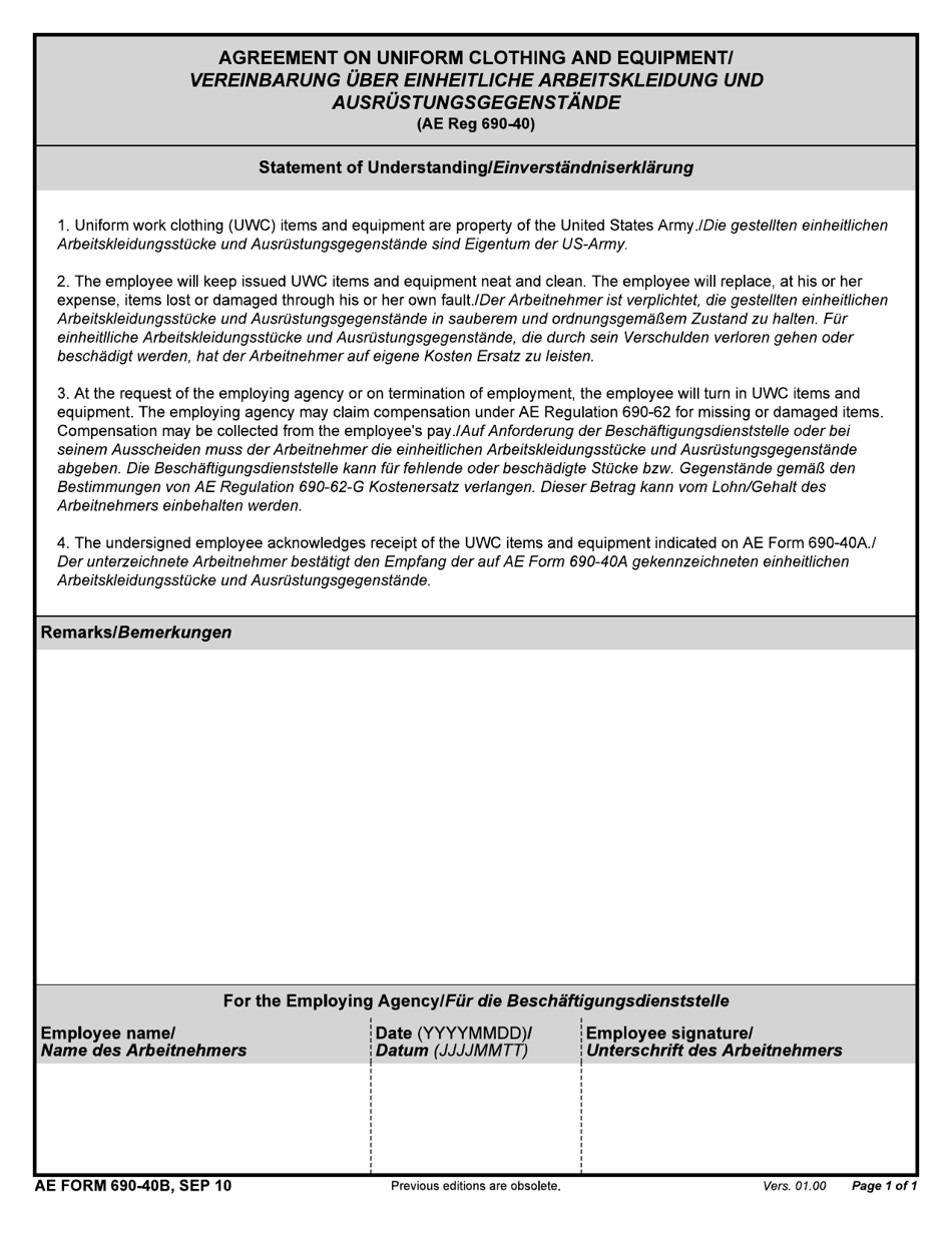 AE Form 690-40B Agreement on Uniform Work Clothing and Equipment (English / German), Page 1