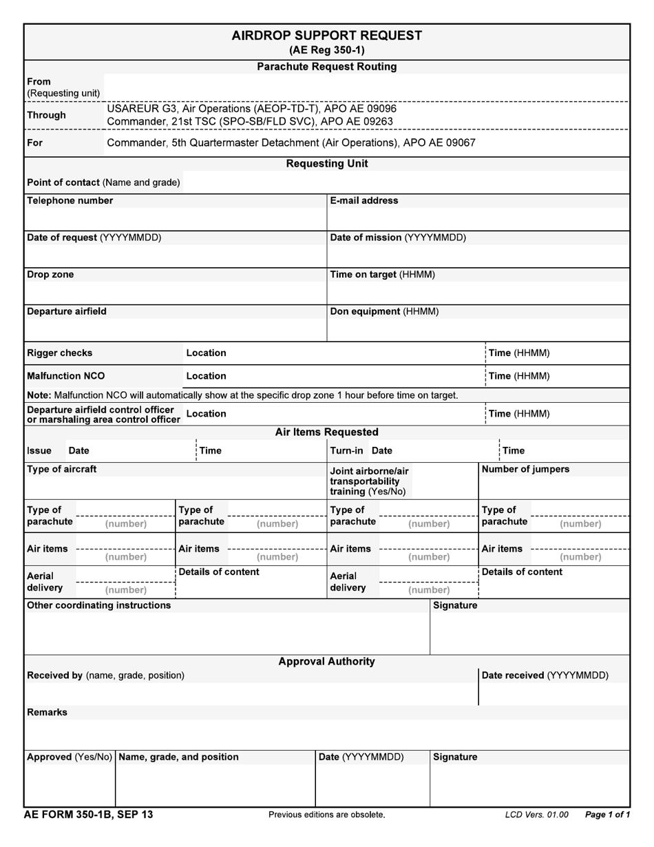 AE Form 350-1B Airdrop Support Request, Page 1