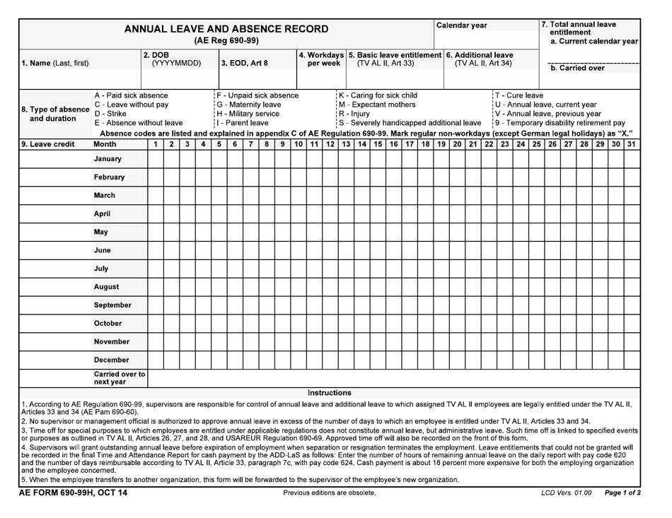 AE Form 690-99H Annual Leave and Absence Record, Page 1