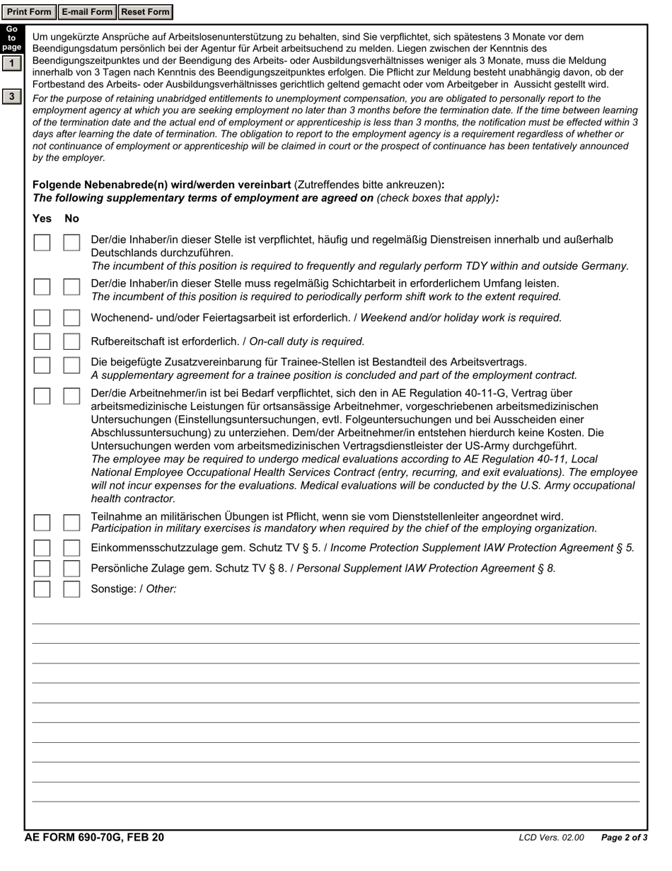 AE Form 690-70G Employment Contract Modification (English / German), Page 2