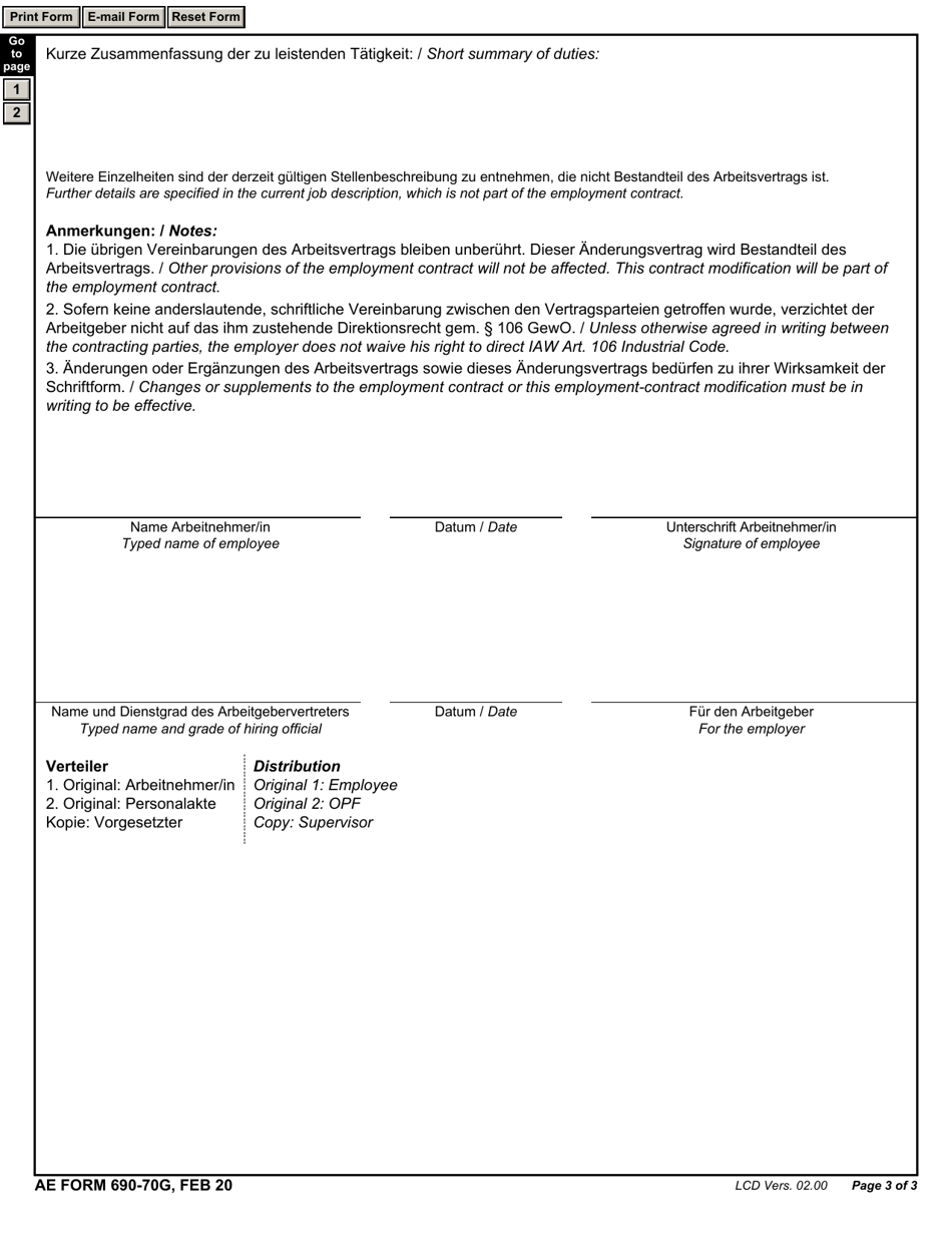 AE Form 690-70G Employment Contract Modification (English / German), Page 3