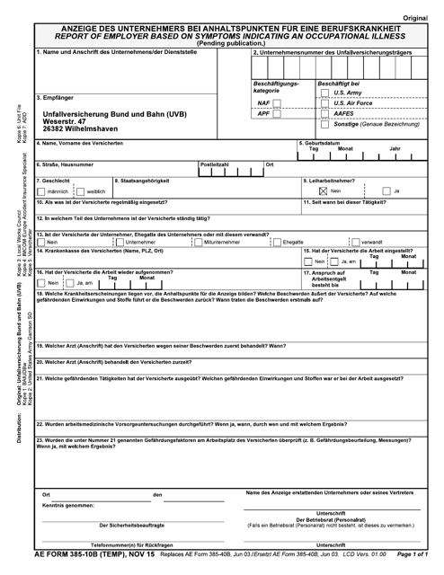 AE Form 385-10B (TEMP) Report of Employer Based on Symptoms Indicating an Occupational Illness (English/German)