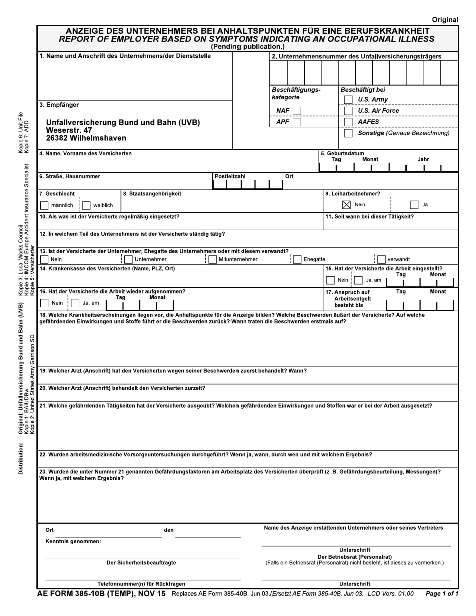 AE Form 385-10B (TEMP) Report of Employer Based on Symptoms Indicating an Occupational Illness (English / German), Page 1