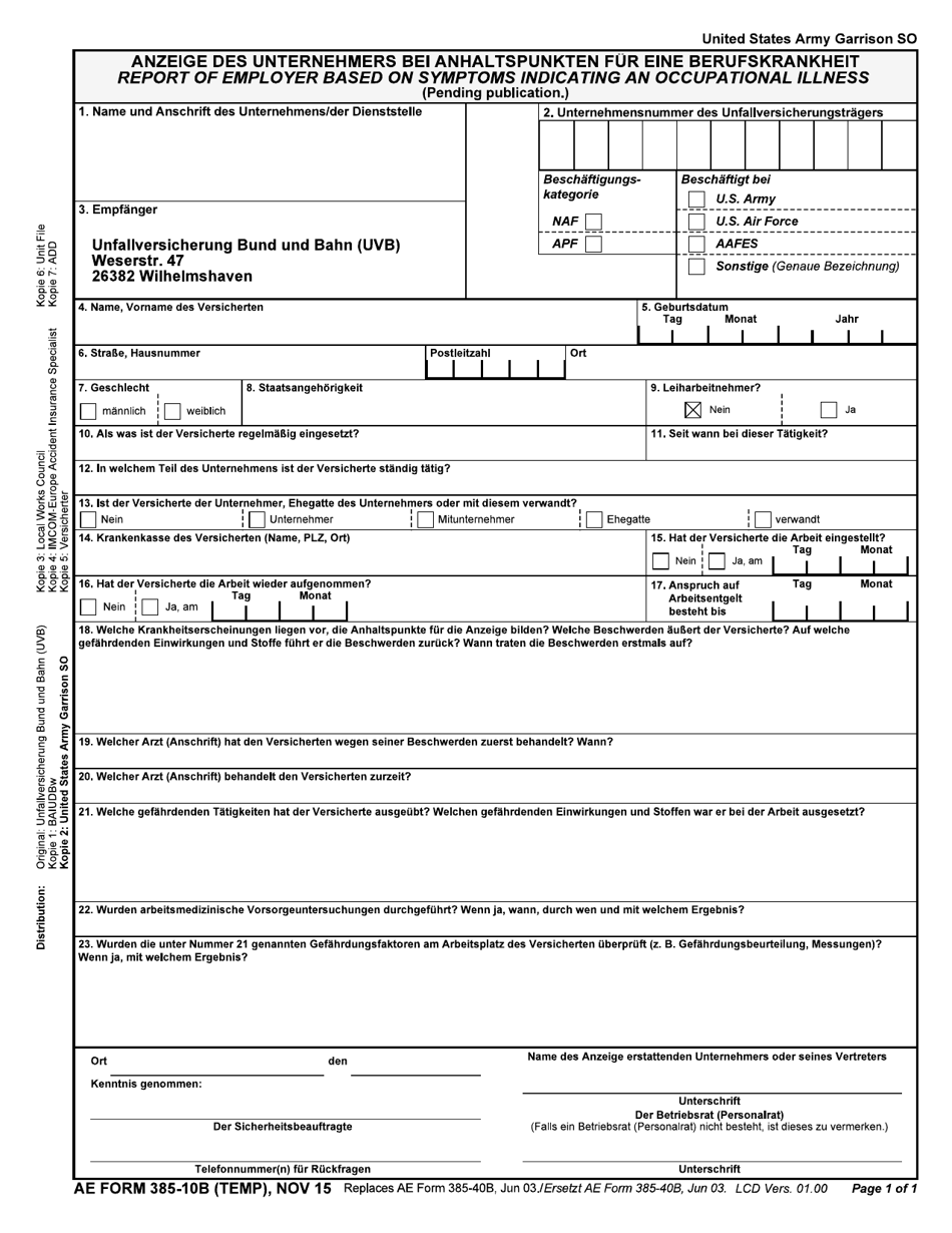 AE Form 385-10B (TEMP) Report of Employer Based on Symptoms Indicating an Occupational Illness (English / German), Page 3