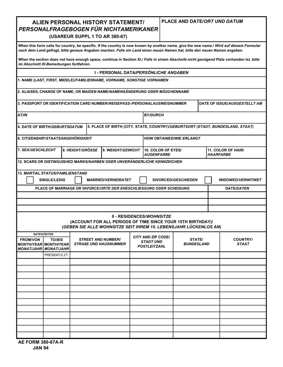 AE Form 380-67A-R Alien Personal History Statement (English / German), Page 1