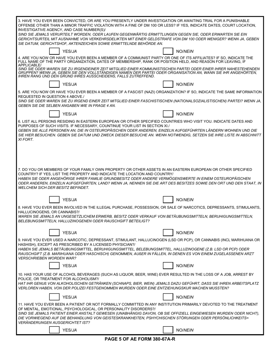 AE Form 380-67A-R Alien Personal History Statement (English / German), Page 5