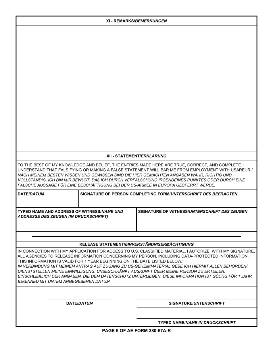 AE Form 380-67A-R Alien Personal History Statement (English / German), Page 6