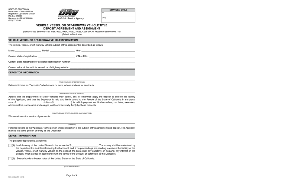 Form REG5059 Vehicle, Vessel or Off-Highway Vehicle Title Deposit Agreement and Assignment - California, Page 1