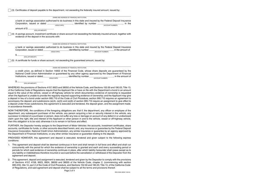 Form REG5059 Vehicle, Vessel or Off-Highway Vehicle Title Deposit Agreement and Assignment - California, Page 2