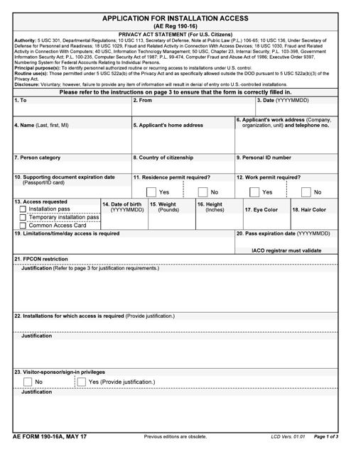 AE Form 190-16A Application for Installation Access
